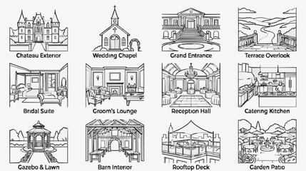 Obraz premium Sleek Black and White Line Drawing Illustrations of Elegant Wedding Venues and Spaces for Event Planning