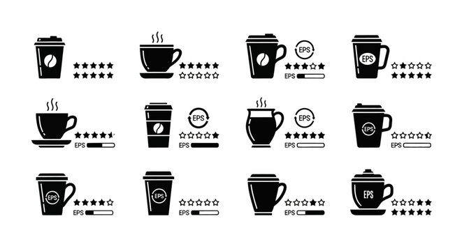 Customer satisfaction rating system with coffee cup icons and star evaluation feedback bars for service quality assessment and user experience review templates