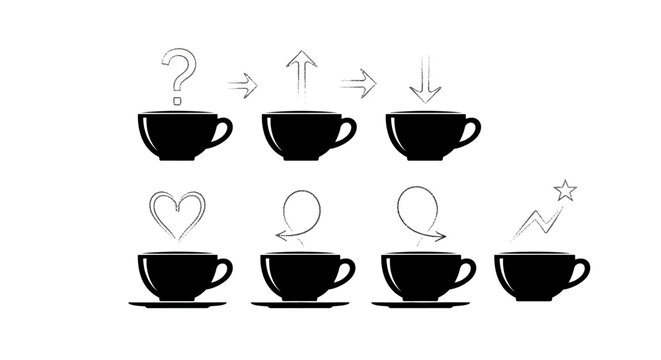 Coffee cup workflow sequence with question mark arrow and star symbols representing problem solving creative brainstorming and project completion stages vector
