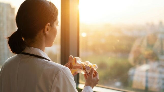 Doctor holding anatomical model of inner ear looking out window at sunset