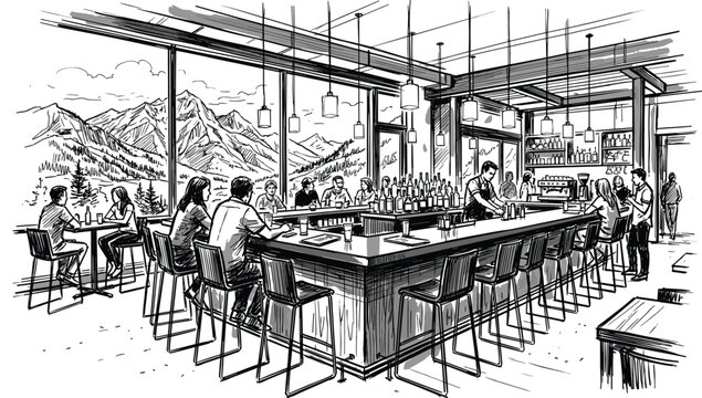 Hand drawn restaurant bar interior sketch with people sitting at counter looking at mountain landscape view vector illustration