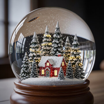 Christmas snow globe with red house and pine trees