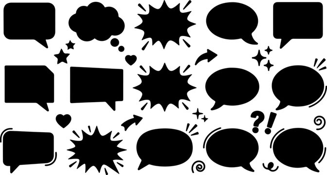 Collection of assorted black comic style dialogue bubbles and symbols