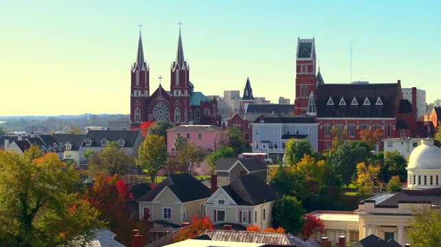 Historic downtown Macon, Georgia seen from above with preserved American architecture, streets, and buildings reflecting southern heritage and cultural identity.