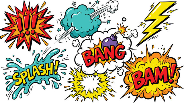 Colorful comic book speech bubbles and explosion elements set with text bang splash bam lightning and bomb vector illustration
