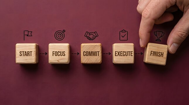 Wooden Cubes With Words And Icons Business Strategy Concept