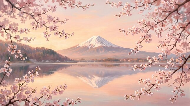 Serene Mount Fuji Reflection at Dawn: Delicate cherry blossoms frame a breathtaking view of Mount Fuji reflected perfectly on the calm water at sunrise, evoking a sense of peace and beauty