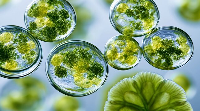 Close-up of microscopic green algae cells with detailed structure and lighting