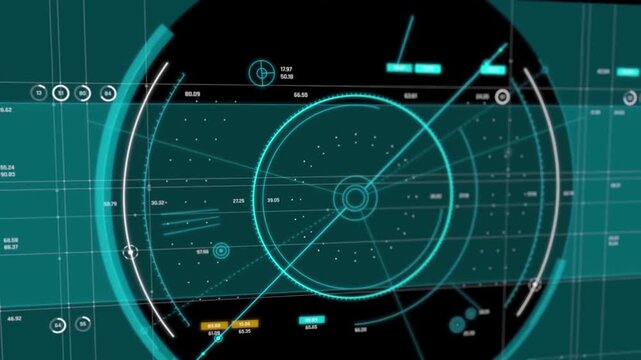 Futuristic HUD radar interface with digital scanning data grid, high tech telemetry screen and cyberpunk navigation control system animation