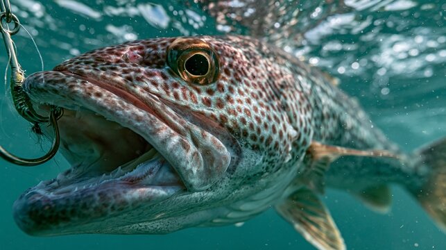Close-up underwater view of a speckled fish caught on fishing hook