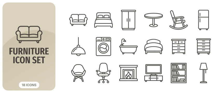 Furniture icon set, thin line style, vector illustration collection of interior design elements including sofa, bed, wardrobe, table, chair, appliances, and home decor items