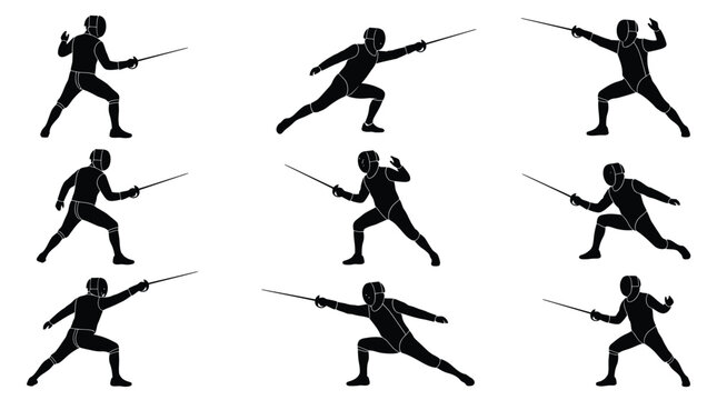 Black silhouettes of fencing athletes in various dynamic attacking stances holding thin sharp metallic swords