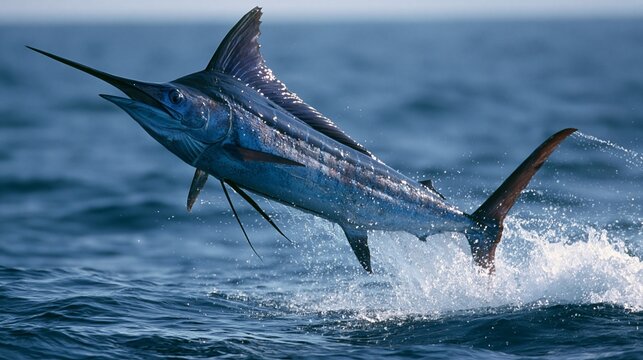 Blue marlin fish leaping out of ocean water during fishing action