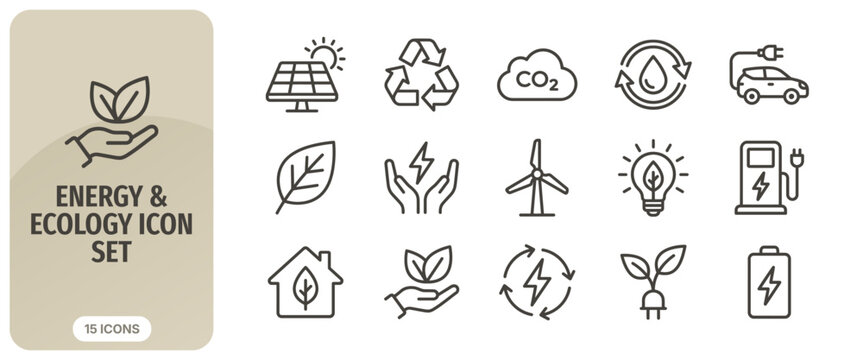 Energy and ecology line icon set, sustainable development and green power symbols, vector illustration