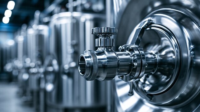 Close-up of stainless steel valves and tanks in modern beverage manufacturing facility