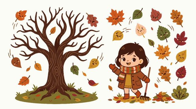 Cute cartoon girl raking autumn leaves next to a bare tree vector illustration.