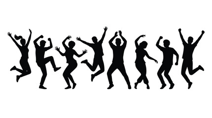 Fototapeta premium Group of cheerful people jumping in the air with dynamic poses in a black silhouette style
