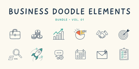 Fototapeta premium Business doodle bundle featuring hand drawn of a briefcase, coins, growth chart, pie chart, handshake, and target symbols