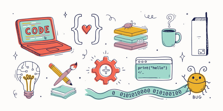 Coding and programming doodle set featuring a laptop with code, brackets, a bug, a coffee cup, lightbulb, and binary data stream symbols