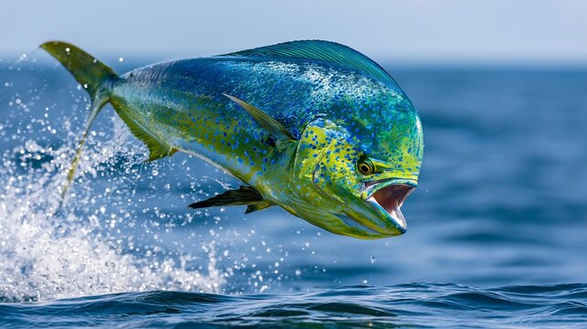 Vibrant dolphinfish leaping out of ocean water with clear blue sky