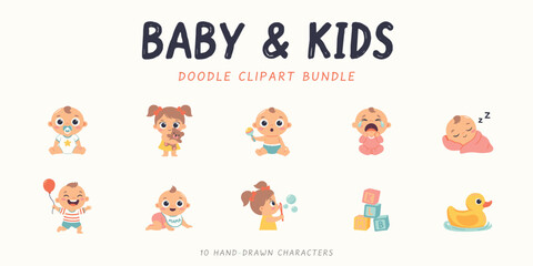 Fototapeta premium Cute baby and kids doodle bundle featuring ten hand drawn characters including a sleeping infant, playing toddler, and rubber duck
