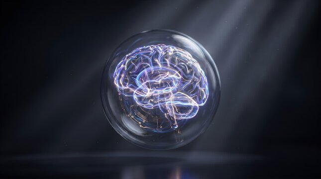Digital Human Brain Encapsulated in a Glass Sphere Representing Advanced Artificial Intelligence and Cognitive Neural Network Technology