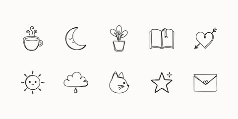Fototapeta premium Minimalist hand drawn doodle set featuring coffee cup, moon, potted plant, open book, heart with arrow, sun, cloud, cat, and star