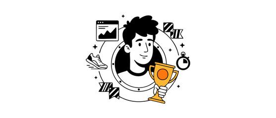 Fototapeta premium Winner holding gold victory trophy sports achievement and goal success concept, line art illustration of young man athlete with running icons, digital analytics, progress charts, and fitness concepts.