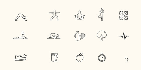Fototapeta premium Yoga and fitness doodle set featuring various poses, dumbbells, water bottle, heart rate, running shoe, apple, and stopwatch timer