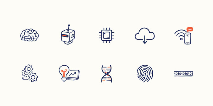 Technology and science doodle set featuring brain, robot, microchip, cloud, smartphone, gears, lightbulb, dna, and fingerprint