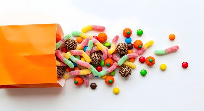 Assorted halloween candies spilling out of an orange paper bag isolated on white background