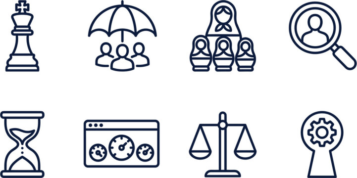 Corporate strategy and business compliance icon set featuring blue outline vectors including chess piece umbrella protection nesting dolls dashboard scales and hourglass