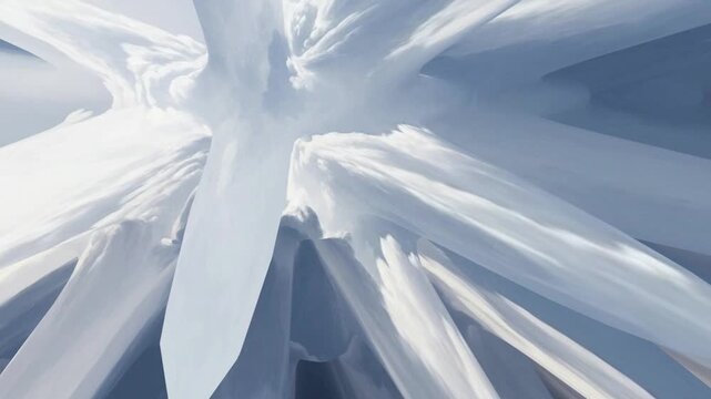 Abstract geometric sharp white mountain peaks covered in fresh snow with blue shadows under a bright sky 4K video