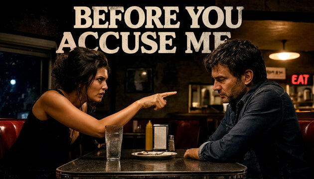 Poster with a woman pointing angrily at a man across a diner table and Before You Accuse Me.