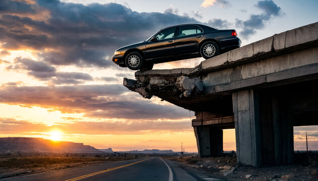 Black sedan balanced at the broken edge of a collapsed concrete overpass against a vivid sunset sky.