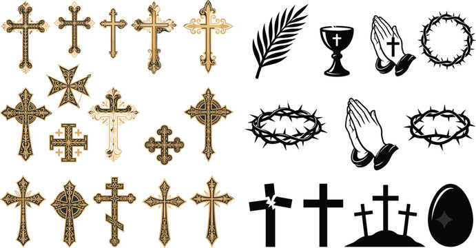 Christian Cross Gold and Black Icon Set with Ornate Crucifix, Praying Hands, Crown of Thorns and Religious Symbols Collection