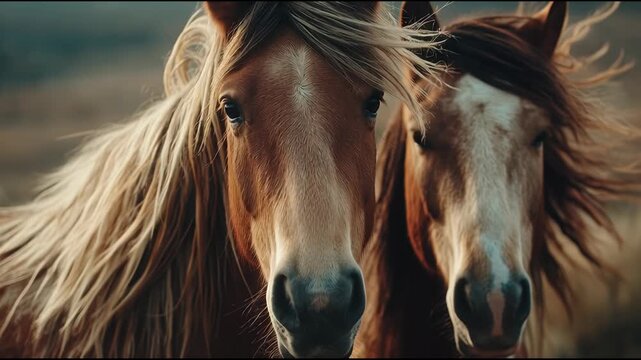 Two Majestic Horses with Flowing Manes Stare Intently at the Camera.