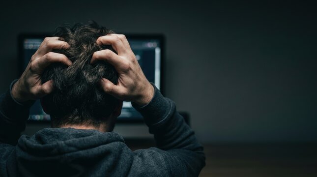 Person's hands scratching head in frustration while looking at a computer screen in low light
