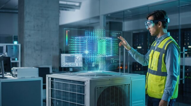 Engineer using augmented reality to analyze HVAC system in modern office