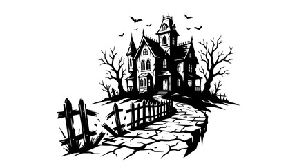 Obraz premium Spooky Haunted House Illustration with Winding Path and Bare Trees for Halloween Graphic Projects