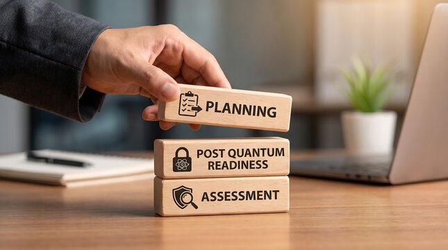 Hand placing wooden block with planning icon and text on top of post quantum readiness and assessment blocks on office desk