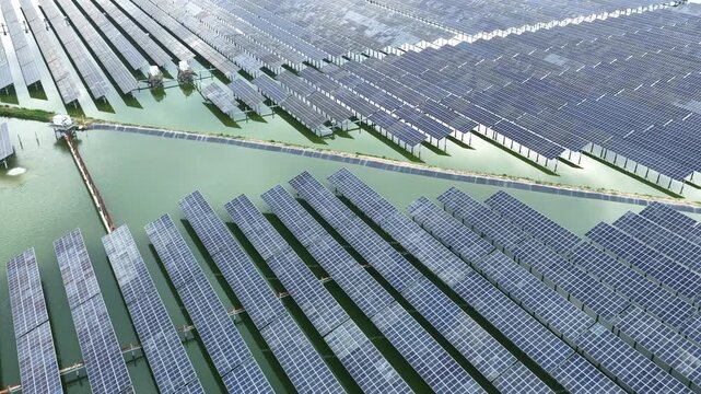 Aerial view of fishery-solar complementary photovoltaic power station on water