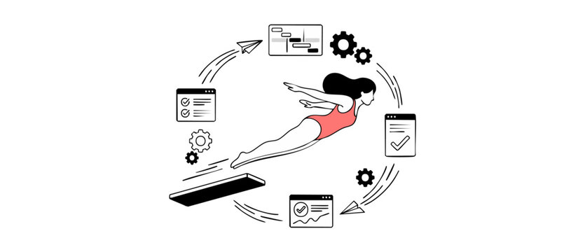 Project management workflow flat illustration depicting a woman diving from springboard surrounded by task automation icons, gears, checklists, and gantt chart for agile business startup process.