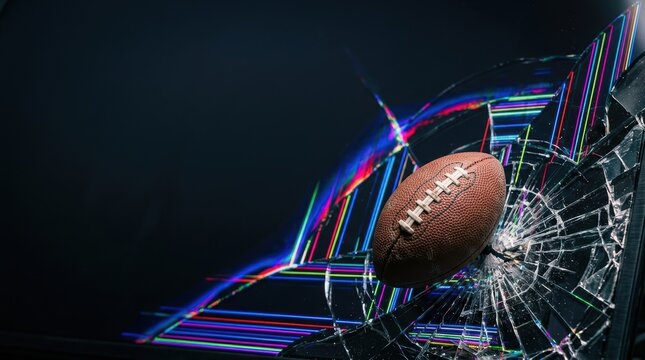 American football impacting a broken screen with colorful digital lines radiating outward