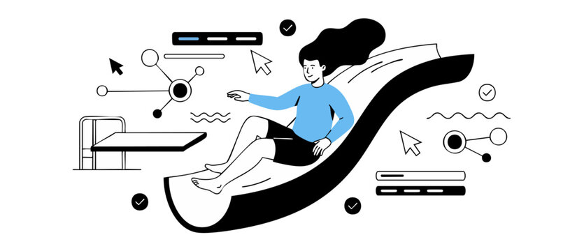 User experience customer journey illustration of woman sliding down digital workflow pathway with interface icons, progress bars, and cursors representing smooth navigation, design, and success.
