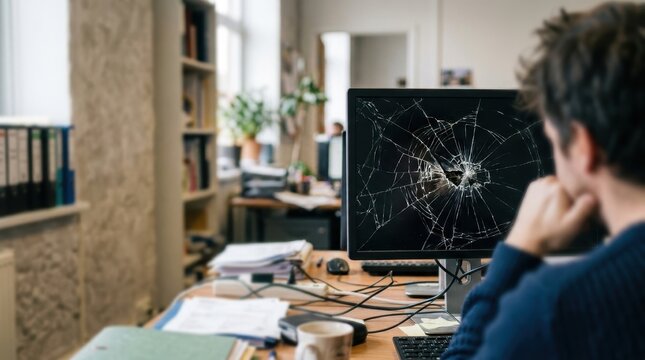 Man looks at computer monitor with a shattered screen in a messy office