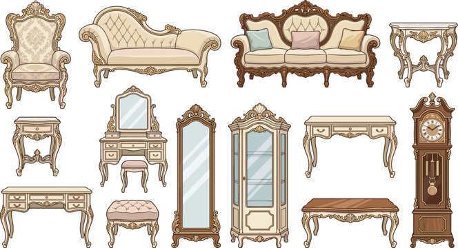 Ornate Vintage Baroque Furniture Vector Set Featuring Classic Luxury Sofas, Grandfather Clock, Vanity Dressing Table, Full Mirror, Glass Cabinet, and Elegant Antique Tables