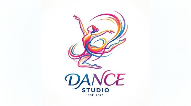Professional colorful dance studio brand emblem with graceful female dancer silhouette.