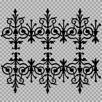 Wrought iron gate ornament pattern vector illustration with vintage floral scrolls and decorative metalwork elements.