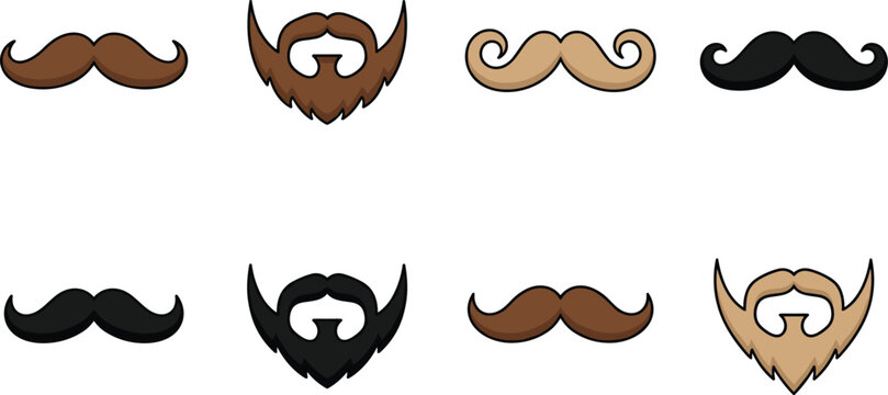 Vintage mustache and beard styles vector set featuring various facial hair types isolated on a white background.